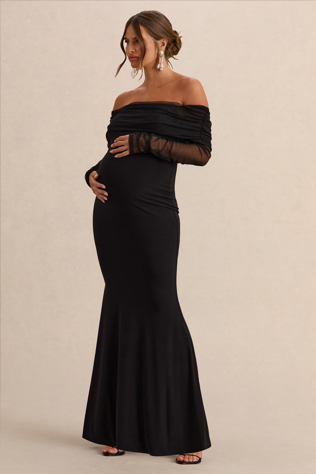 Pretty Perfect Black Maternity Bardot-Neck Maxi Dress – side view
