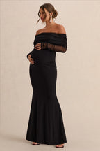 Pretty Perfect Black Maternity Bardot-Neck Maxi Dress – side view