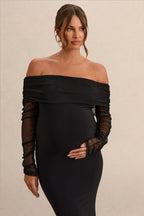 Pretty Perfect Black Maternity Bardot-Neck Maxi Dress – detail shot