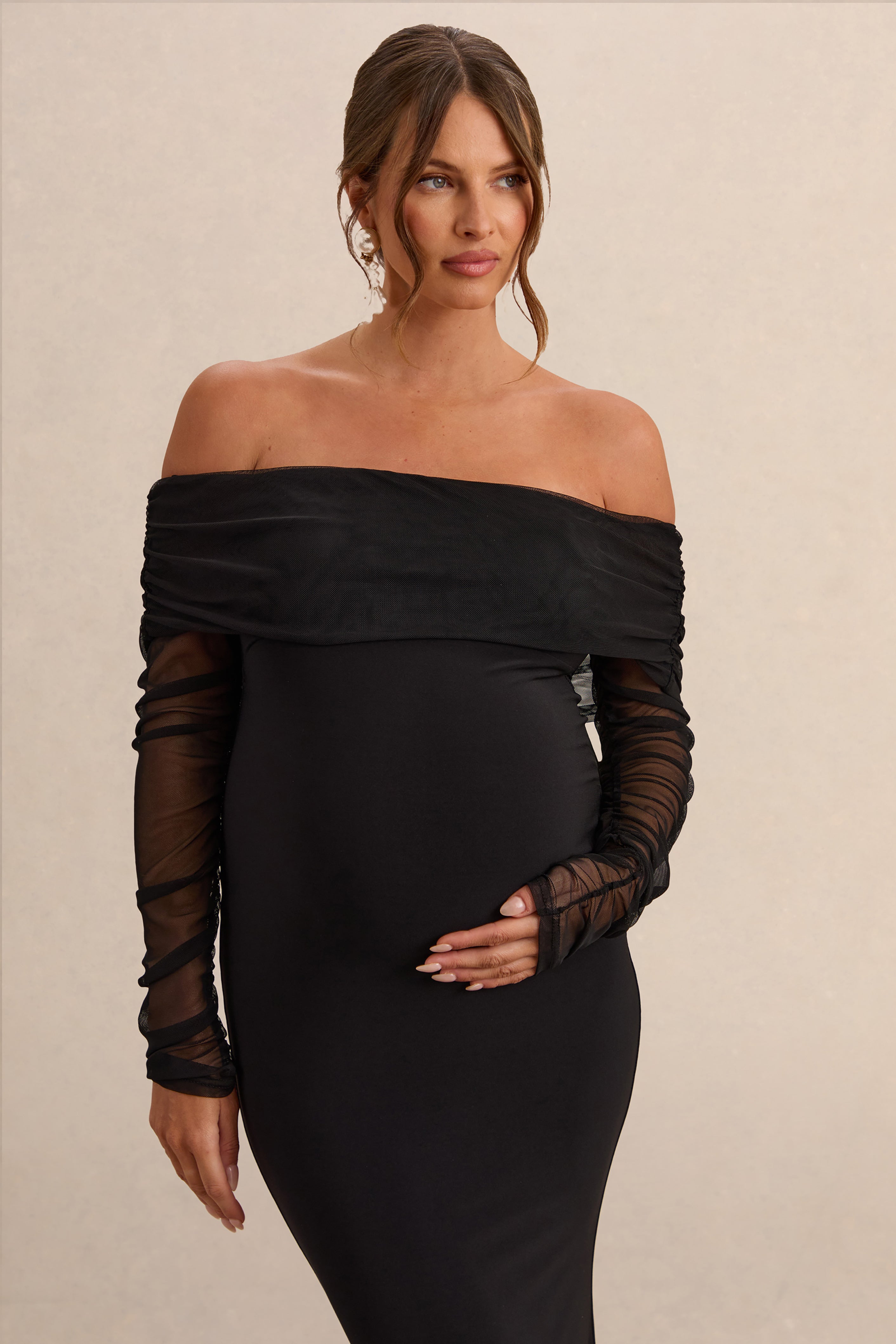 Pretty Perfect Black Maternity Bardot-Neck Maxi Dress – detail shot