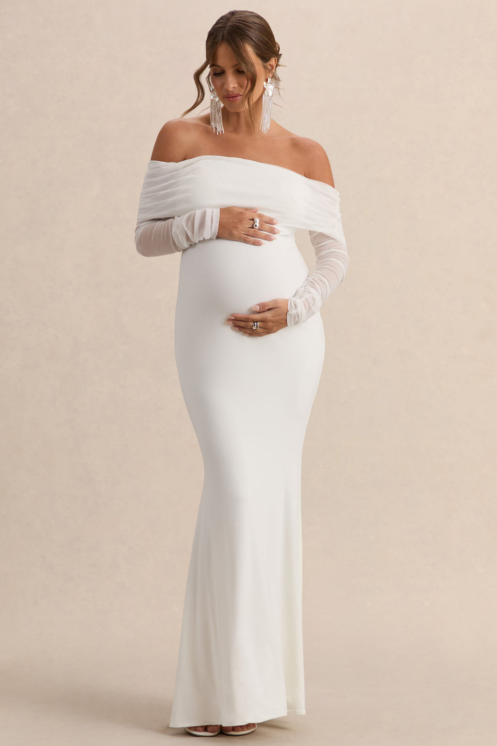 Pretty Perfect White Maternity Ruched Mesh Bardot Maxi Dress – front view
