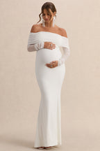 Pretty Perfect White Maternity Ruched Mesh Bardot Maxi Dress – front view