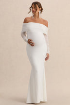 Pretty Perfect White Maternity Ruched Mesh Bardot Maxi Dress – side view