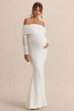 Pretty Perfect White Maternity Ruched Mesh Bardot Maxi Dress – back view