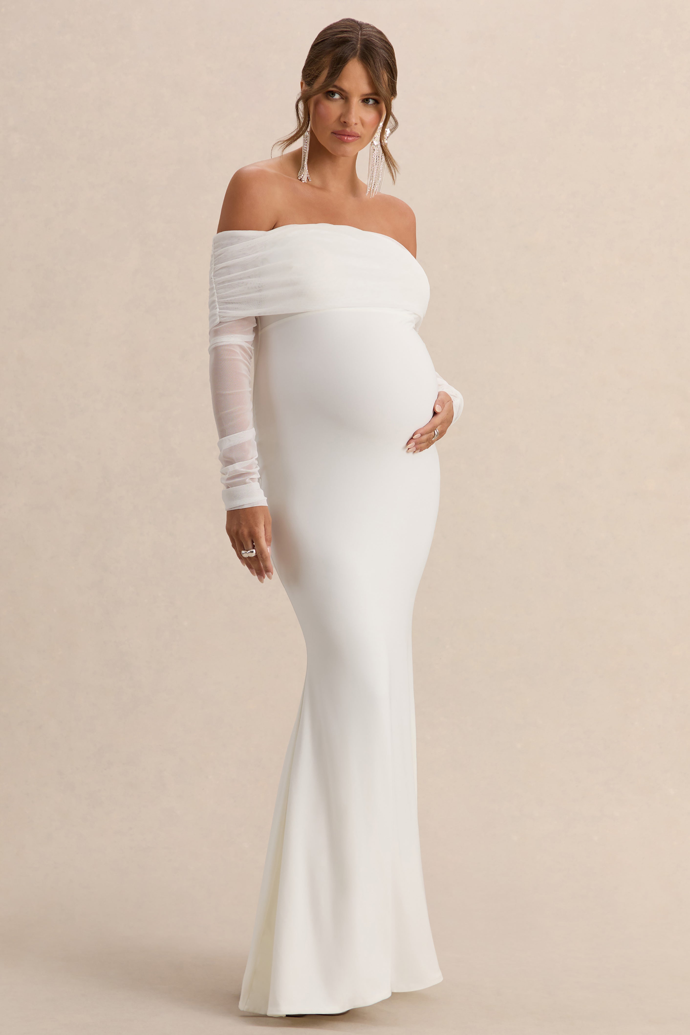 Pretty Perfect White Maternity Ruched Mesh Bardot Maxi Dress – back view