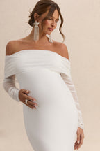 Pretty Perfect White Maternity Ruched Mesh Bardot Maxi Dress – detail shot