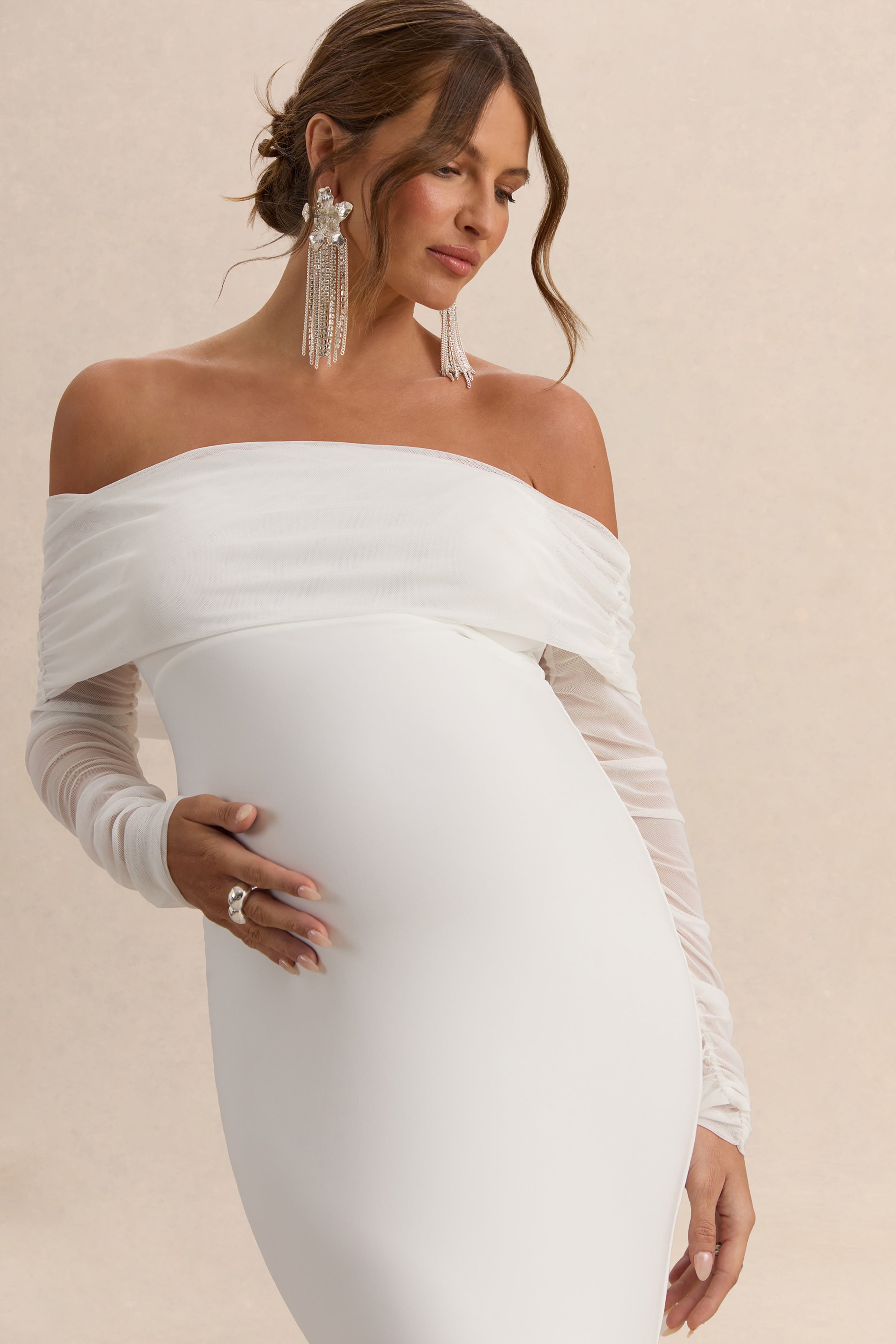 Pretty Perfect White Maternity Ruched Mesh Bardot Maxi Dress – detail shot