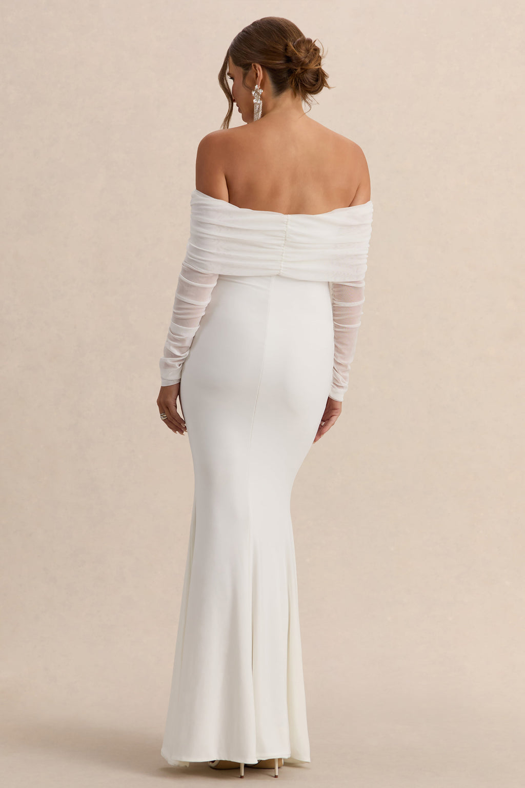 Pretty Perfect White Maternity Ruched Mesh Bardot Maxi Dress – lifestyle photo