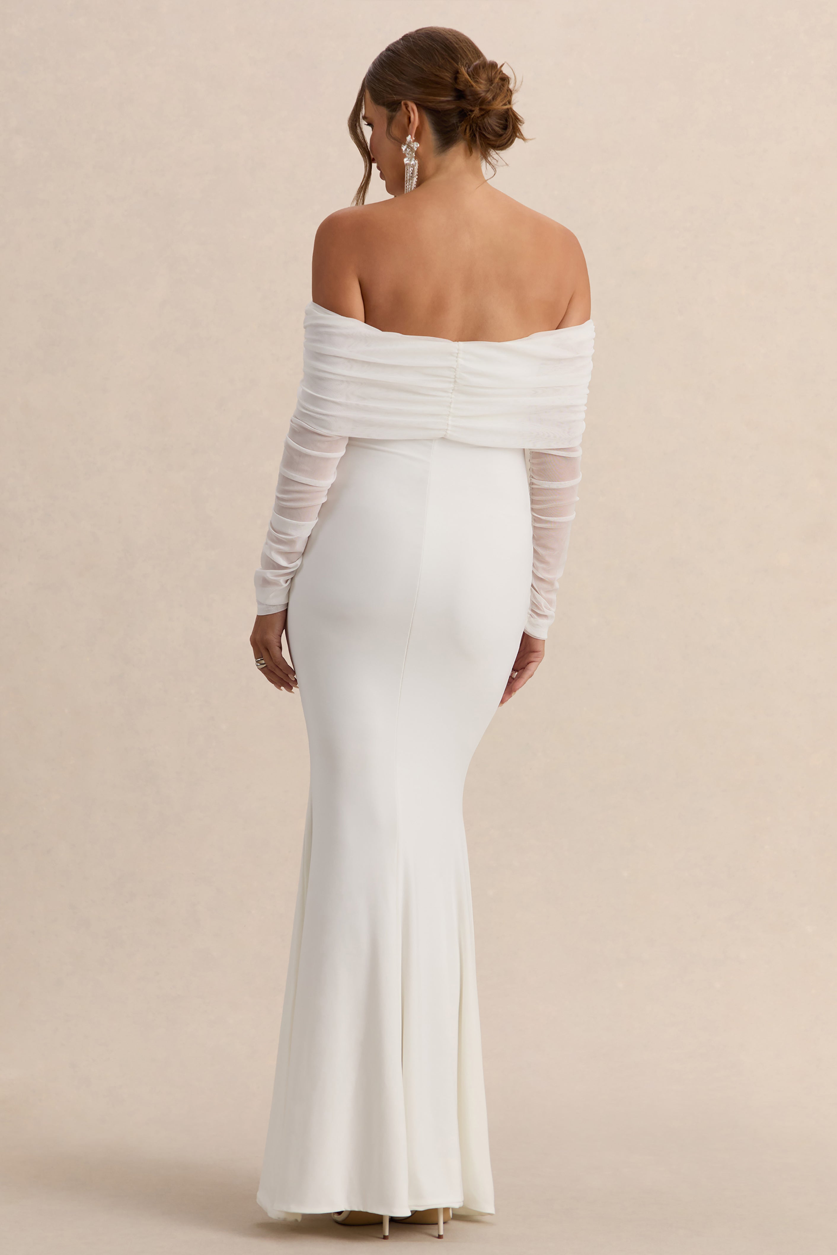 Pretty Perfect White Maternity Ruched Mesh Bardot Maxi Dress – lifestyle photo
