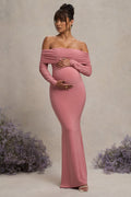Pretty Perfect Blush Pink Maternity Ruched Mesh Bardot Maxi Dress – front view