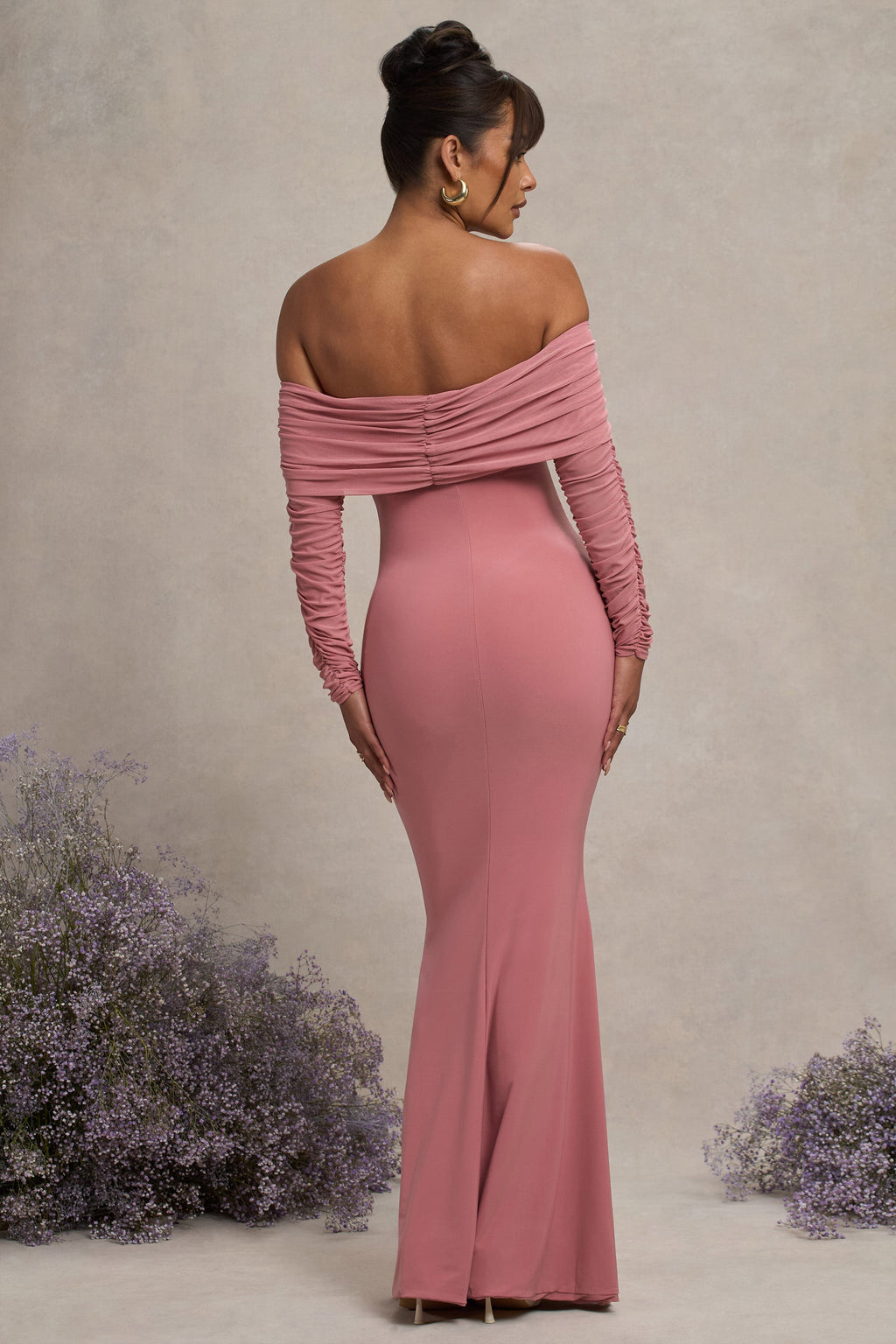 Pretty Perfect Blush Pink Maternity Ruched Mesh Bardot Maxi Dress – lifestyle photo