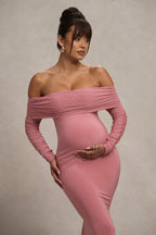 Pretty Perfect Blush Pink Maternity Ruched Mesh Bardot Maxi Dress – detail shot