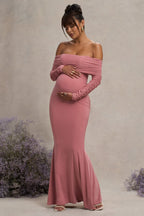Pretty Perfect Blush Pink Maternity Ruched Mesh Bardot Maxi Dress – side view