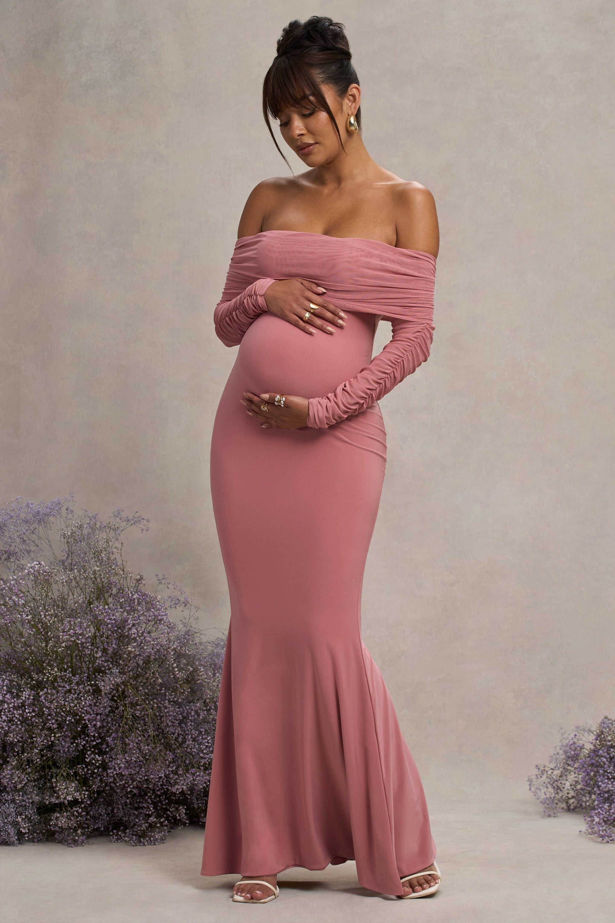 Pretty Perfect Blush Pink Maternity Ruched Mesh Bardot Maxi Dress – side view