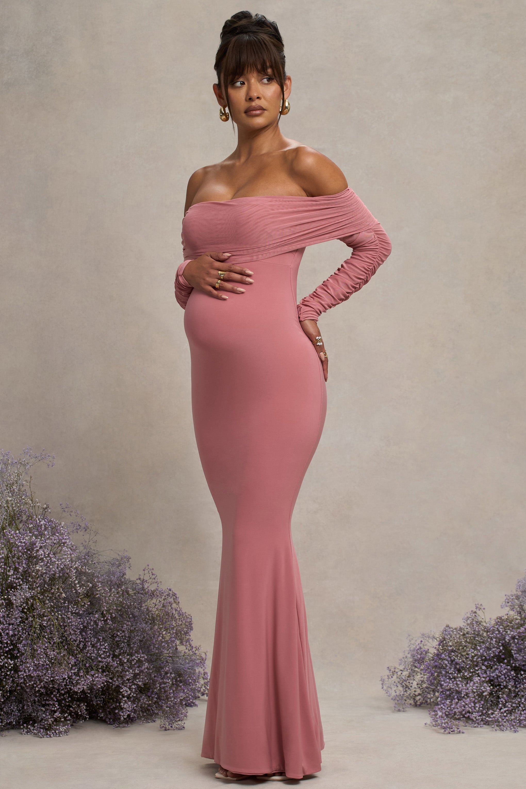 Pretty Perfect Blush Pink Maternity Ruched Mesh Bardot Maxi Dress – back view