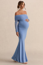Pretty Perfect Powder Blue Maternity Ruched Mesh Bardot Maxi Dress – back view