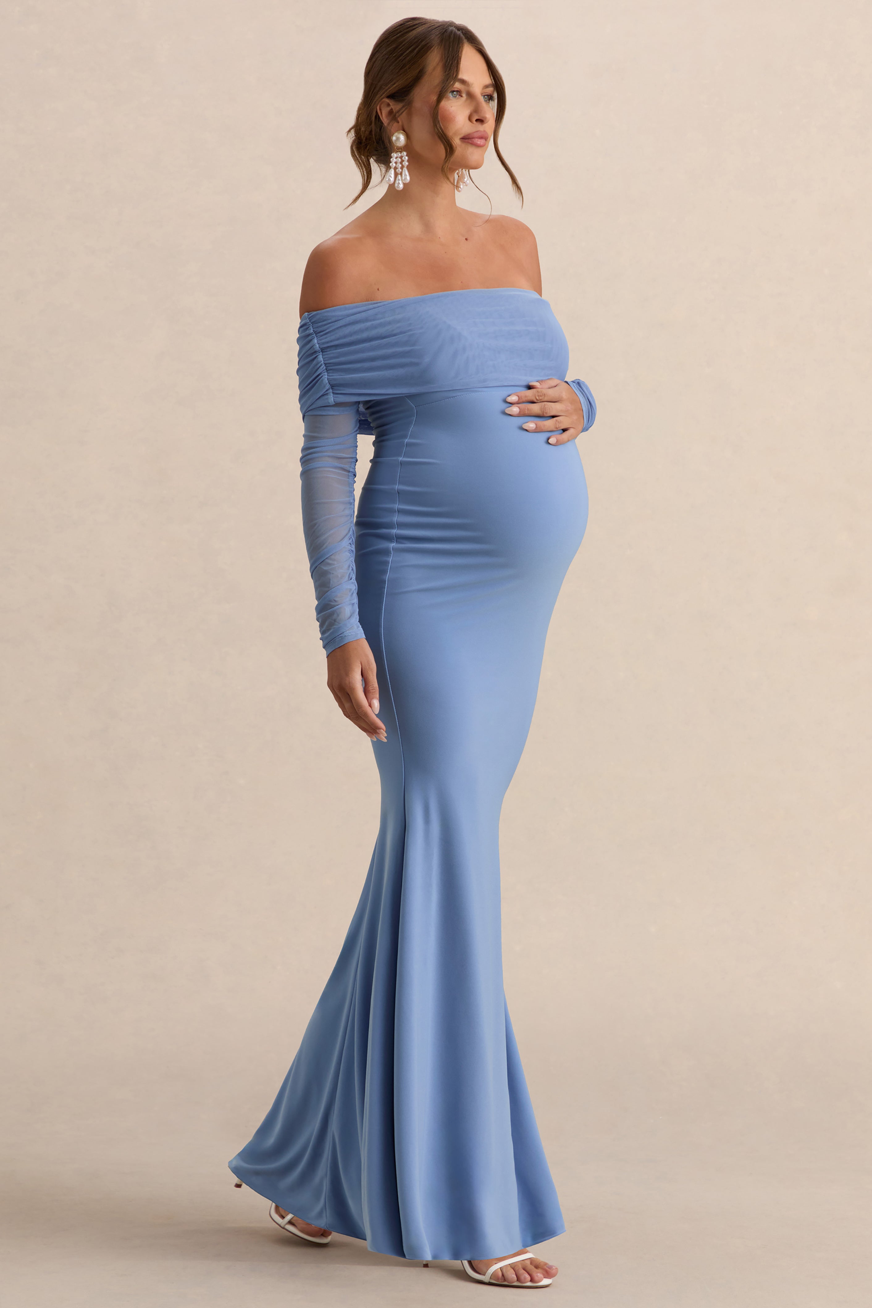 Pretty Perfect Powder Blue Maternity Ruched Mesh Bardot Maxi Dress – back view