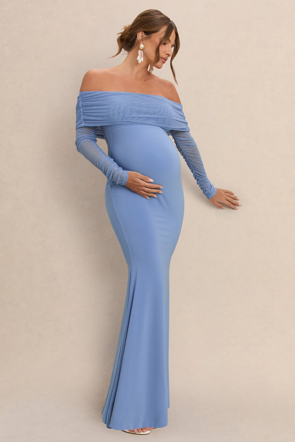 Pretty Perfect Powder Blue Maternity Ruched Mesh Bardot Maxi Dress – detail shot