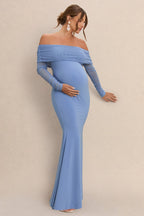 Pretty Perfect Powder Blue Maternity Ruched Mesh Bardot Maxi Dress – detail shot