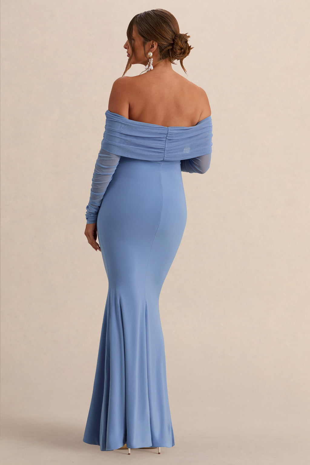 Pretty Perfect Powder Blue Maternity Ruched Mesh Bardot Maxi Dress – lifestyle photo