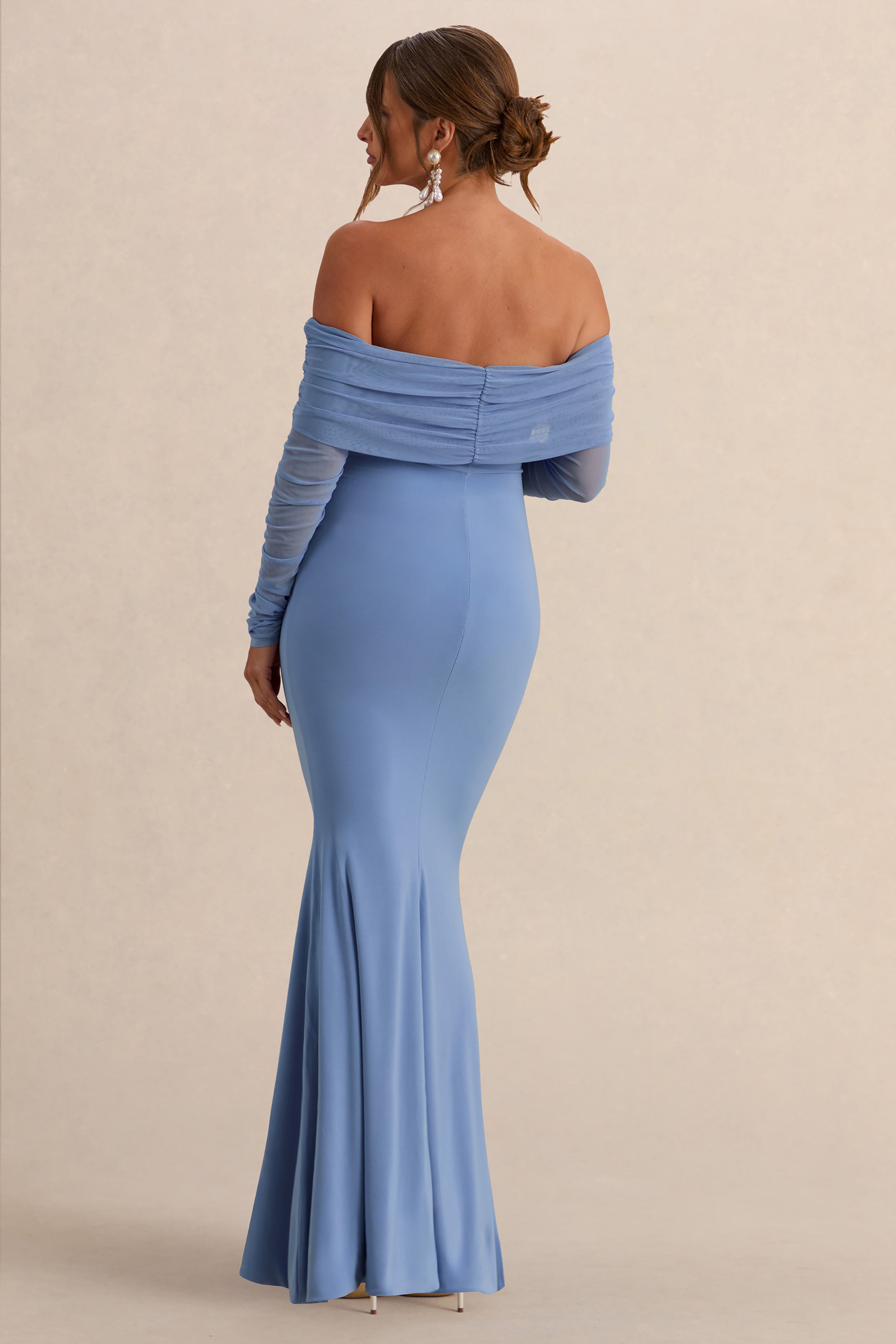 Pretty Perfect Powder Blue Maternity Ruched Mesh Bardot Maxi Dress – lifestyle photo
