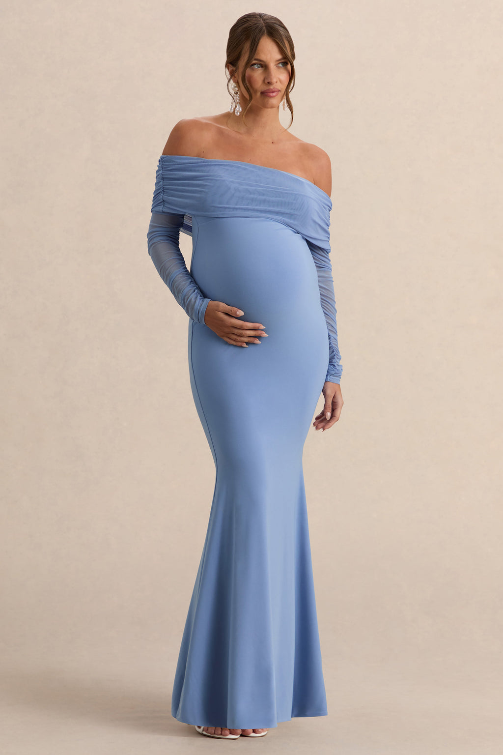 Pretty Perfect Powder Blue Maternity Ruched Mesh Bardot Maxi Dress – front view