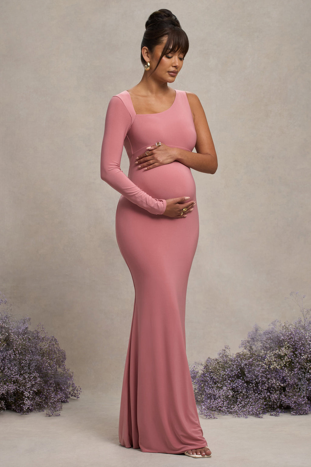 Oh Baby Blush Maternity One Shoulder Bodycon Maxi Dress – front view