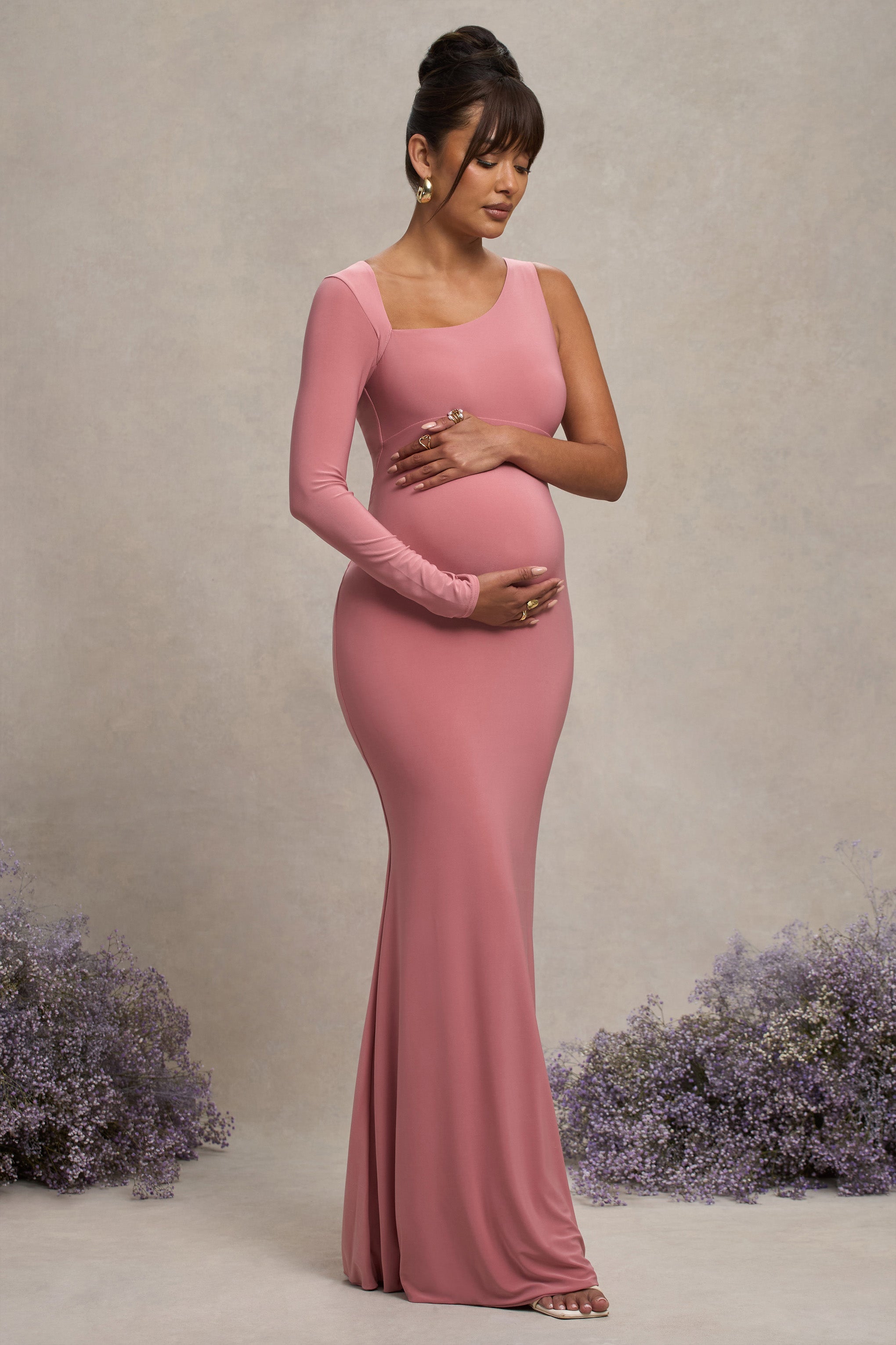 Oh Baby Blush Maternity One Shoulder Bodycon Maxi Dress – front view