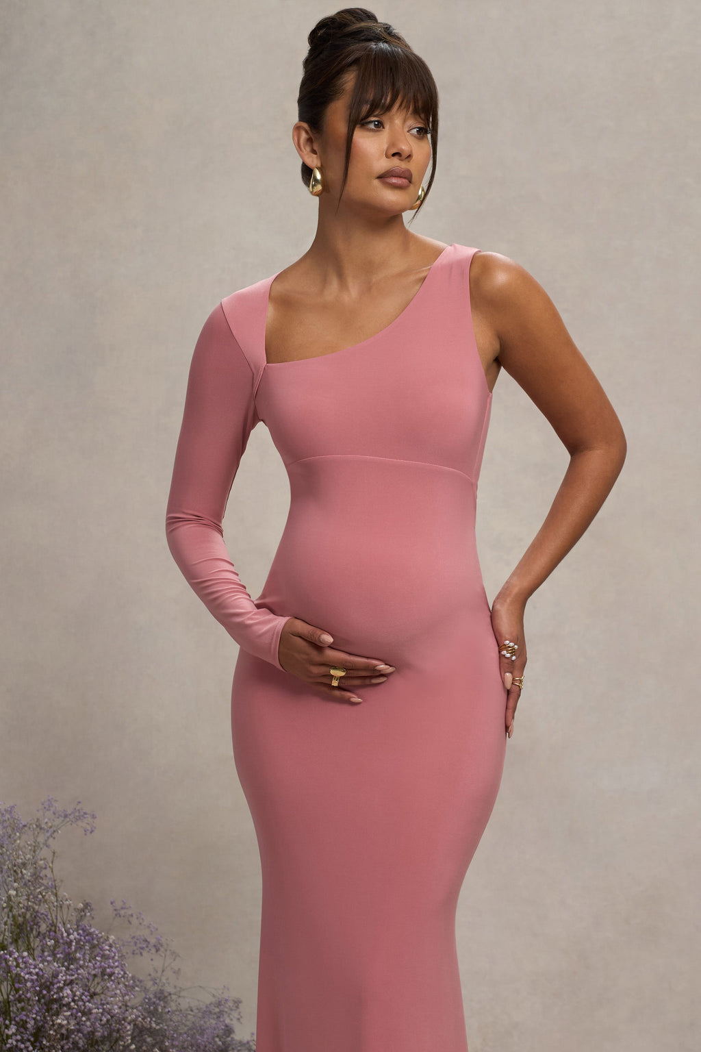 Oh Baby Blush Maternity One Shoulder Bodycon Maxi Dress – detail shot