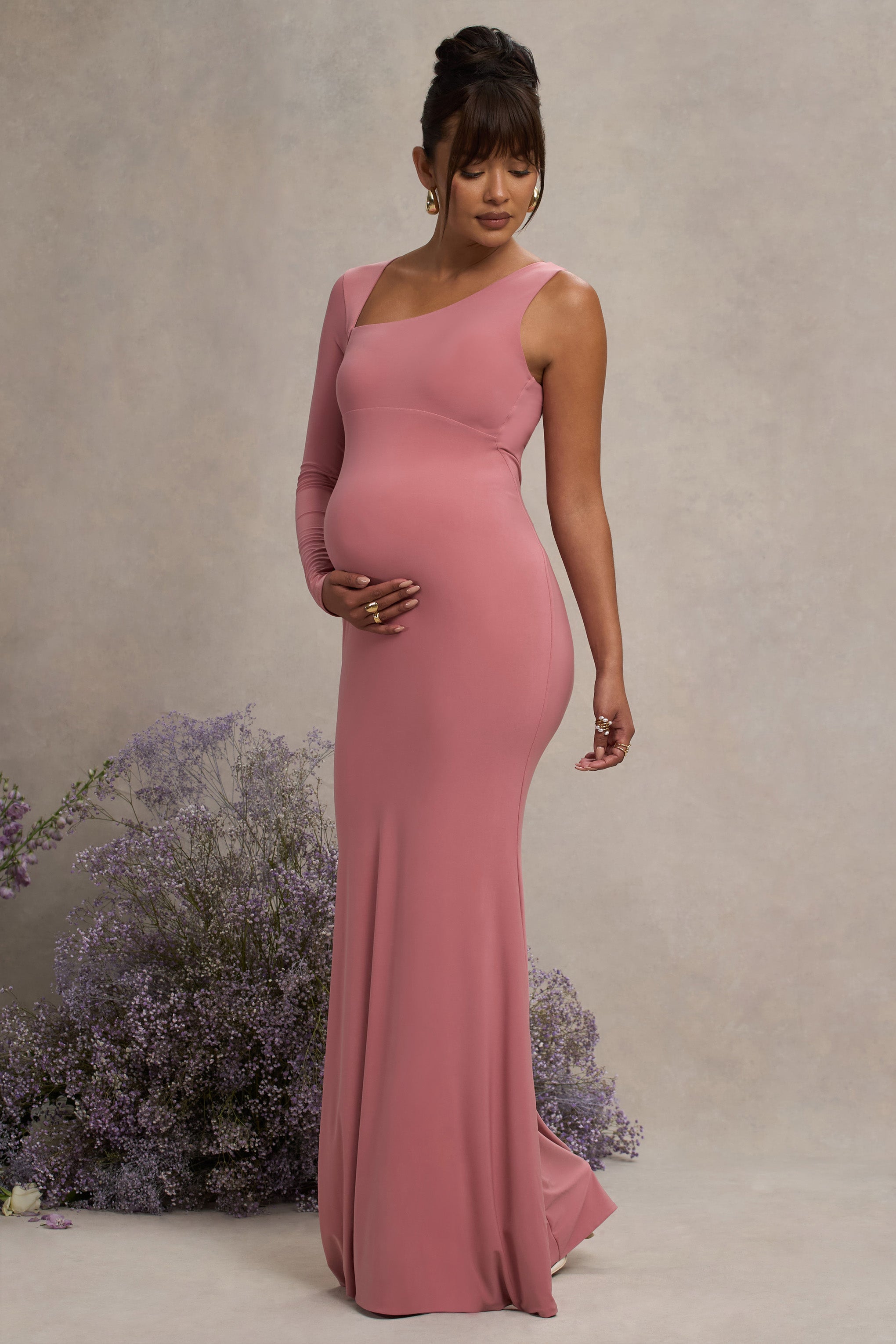 Oh Baby Blush Maternity One Shoulder Bodycon Maxi Dress – side view