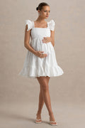 Dolly Daze White Ruffle Sleeve Babydoll Maternity Mini Dress – front view