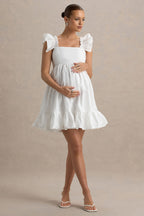 Dolly Daze White Ruffle Sleeve Babydoll Maternity Mini Dress – front view