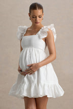 Dolly Daze White Ruffle Sleeve Babydoll Maternity Mini Dress – detail shot