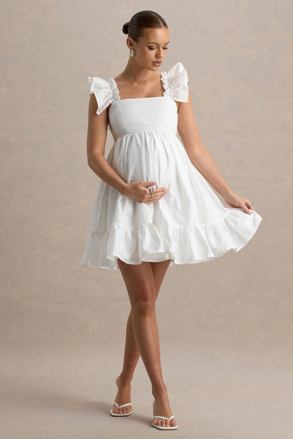 Dolly Daze White Ruffle Sleeve Babydoll Maternity Mini Dress – back view