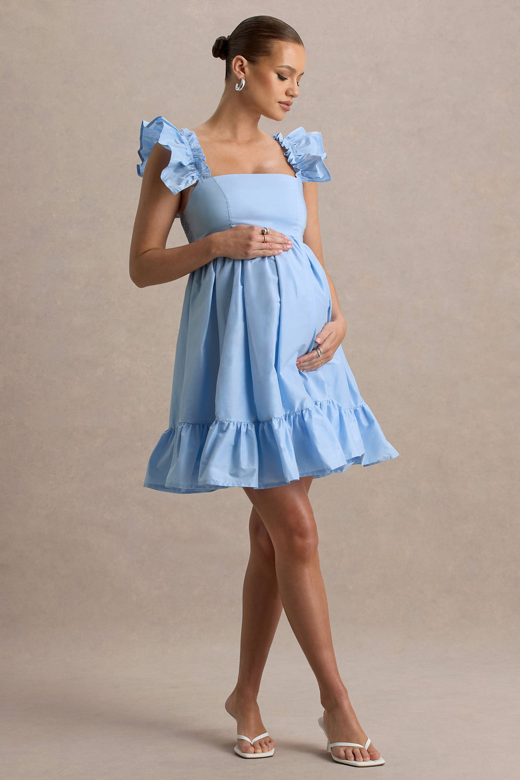 Dolly Daze Powder Blue Ruffle Sleeve Babydoll Maternity Mini Dress – front view