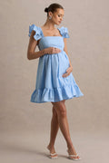 Dolly Daze Powder Blue Ruffle Sleeve Babydoll Maternity Mini Dress – front view