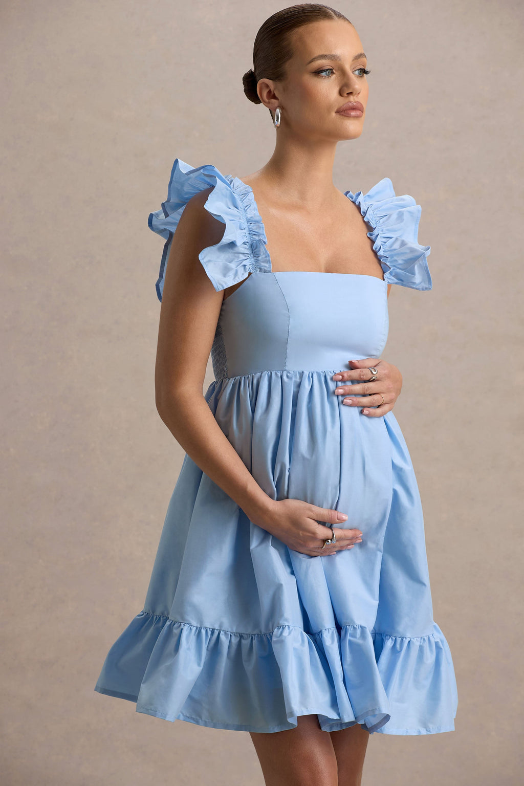Dolly Daze Powder Blue Ruffle Sleeve Babydoll Maternity Mini Dress – detail shot