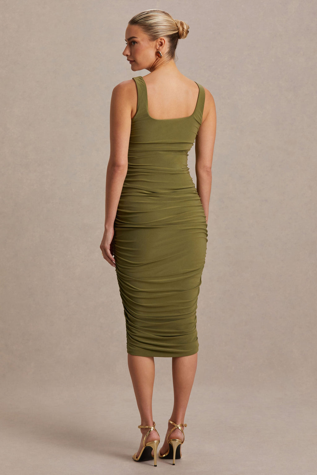 Lisbon Olive Maternity Square Neck Ruched Midi Dress – lifestyle photo