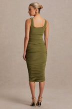 Lisbon Olive Maternity Square Neck Ruched Midi Dress – lifestyle photo