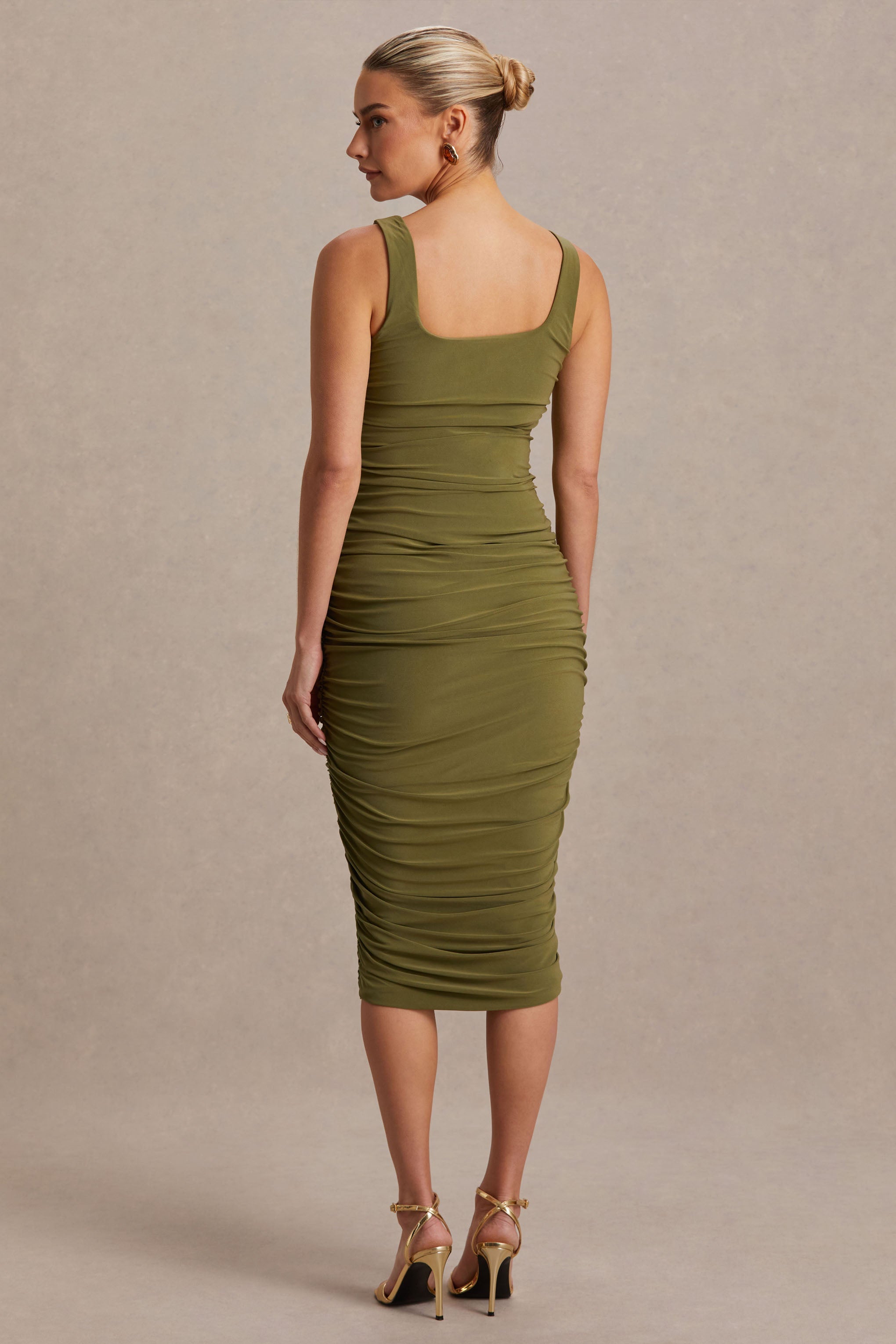 Lisbon Olive Maternity Square Neck Ruched Midi Dress – lifestyle photo