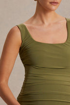 Lisbon Olive Maternity Square Neck Ruched Midi Dress – detail shot