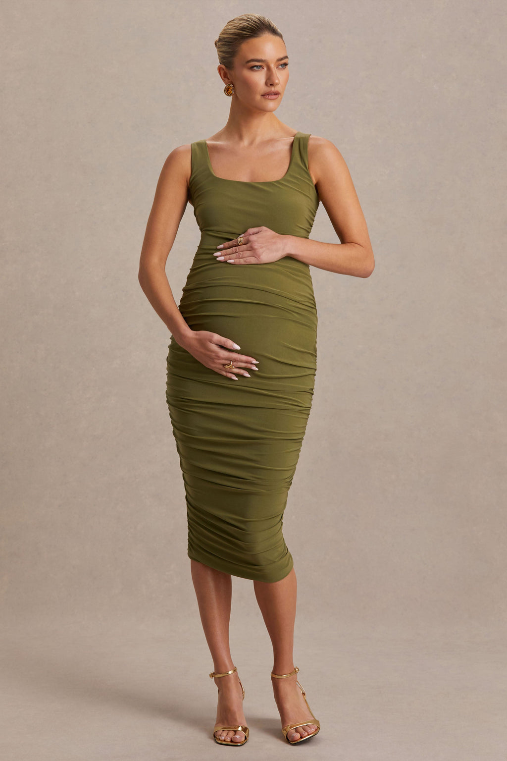 Lisbon Olive Maternity Square Neck Ruched Midi Dress – side view