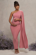 Amaryllis Blush Pink Maternity One Shoulder Maxi Dress with Cape Sleeve – front view
