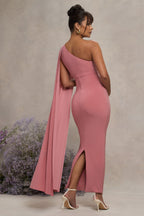 Amaryllis Blush Pink Maternity One Shoulder Maxi Dress with Cape Sleeve – lifestyle photo