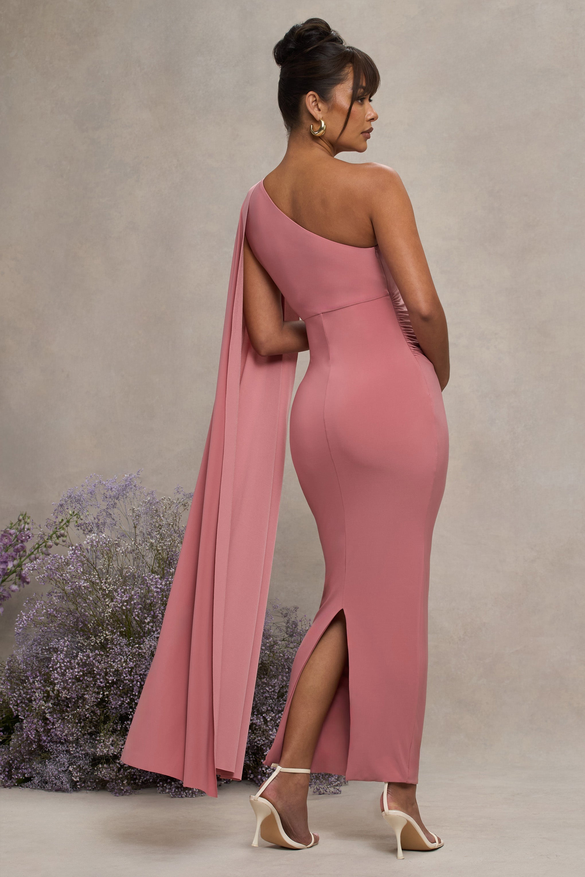 Amaryllis Blush Pink Maternity One Shoulder Maxi Dress with Cape Sleeve – lifestyle photo