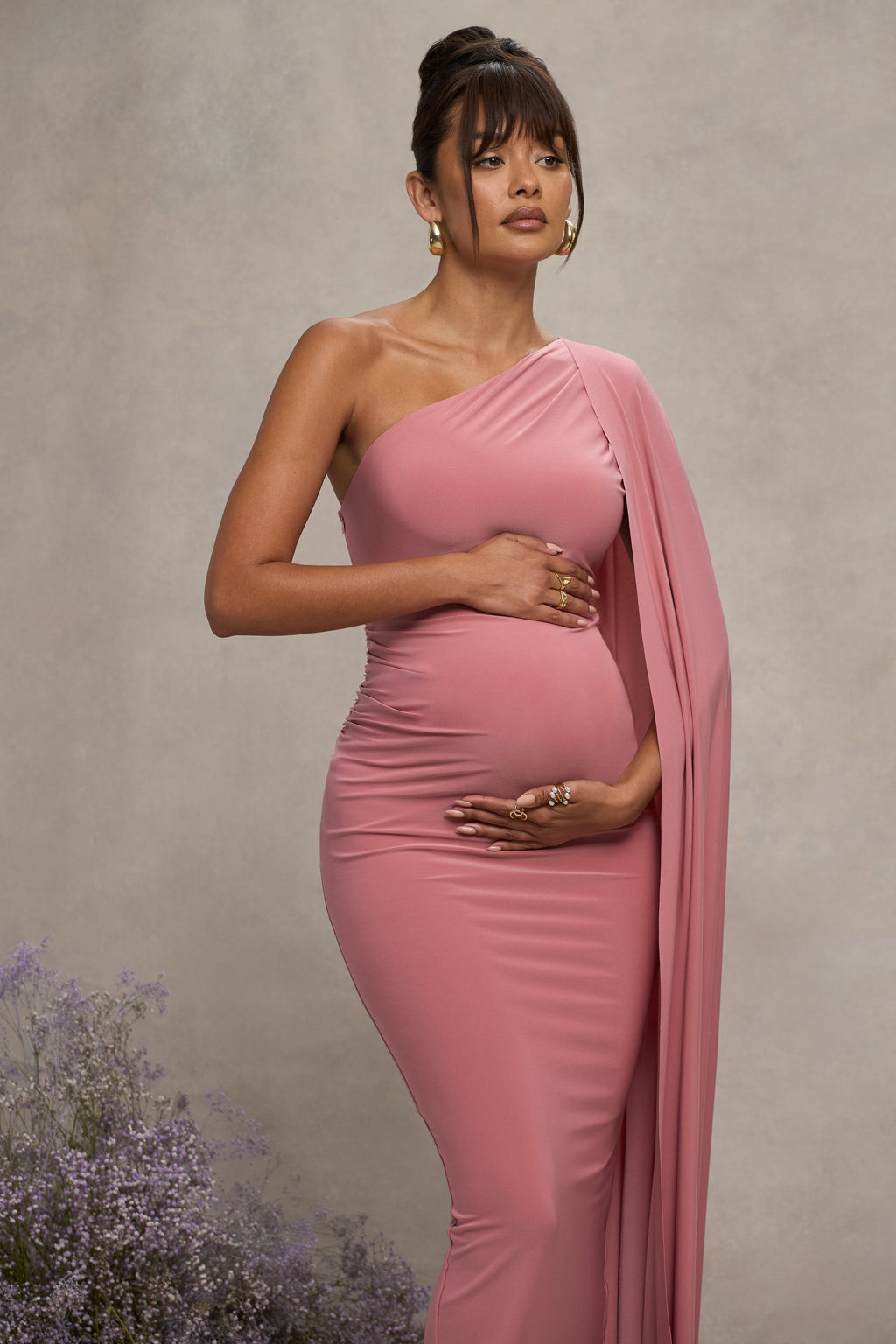 Amaryllis Blush Pink Maternity One Shoulder Maxi Dress with Cape Sleeve – detail shot