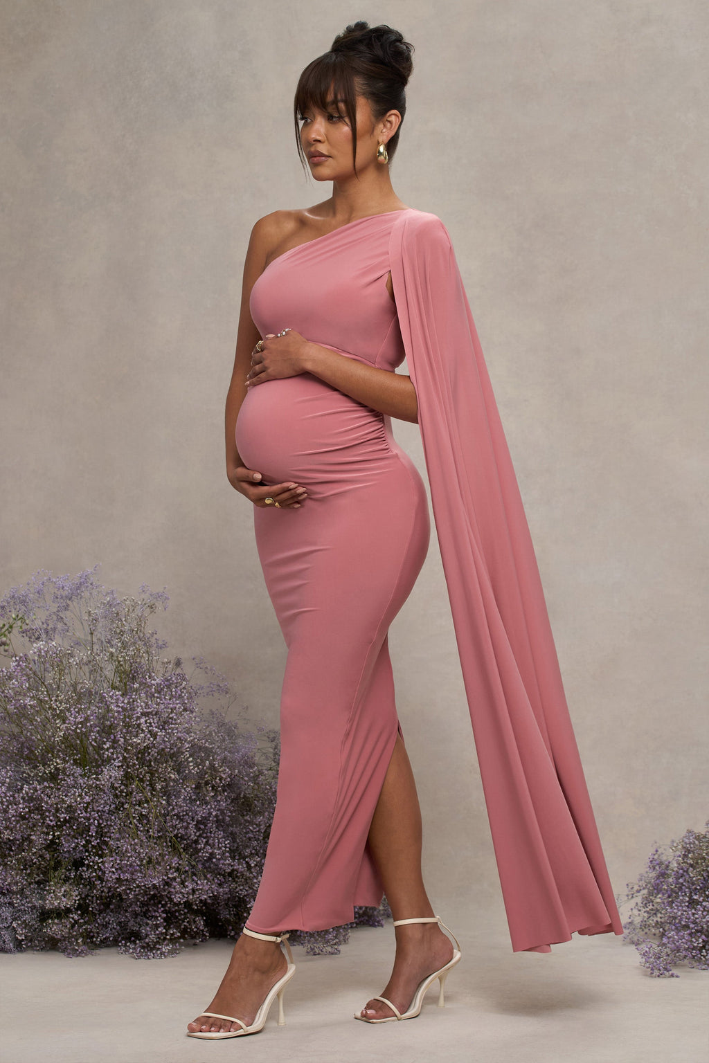 Amaryllis Blush Pink Maternity One Shoulder Maxi Dress with Cape Sleeve – side view