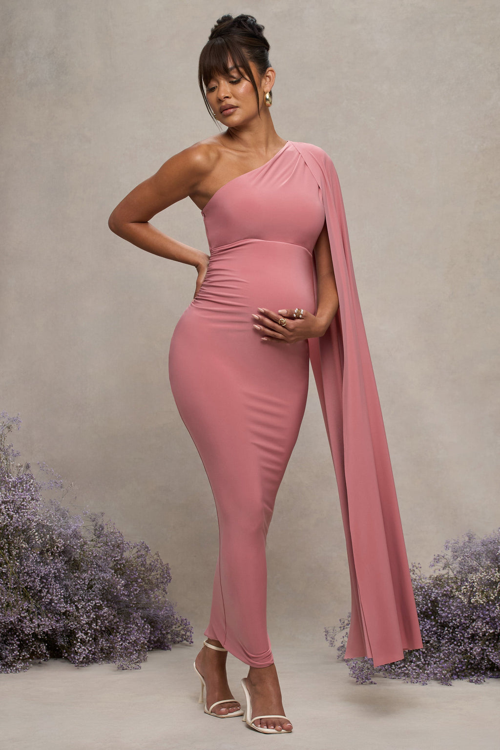 Amaryllis Blush Pink Maternity One Shoulder Maxi Dress with Cape Sleeve – back view