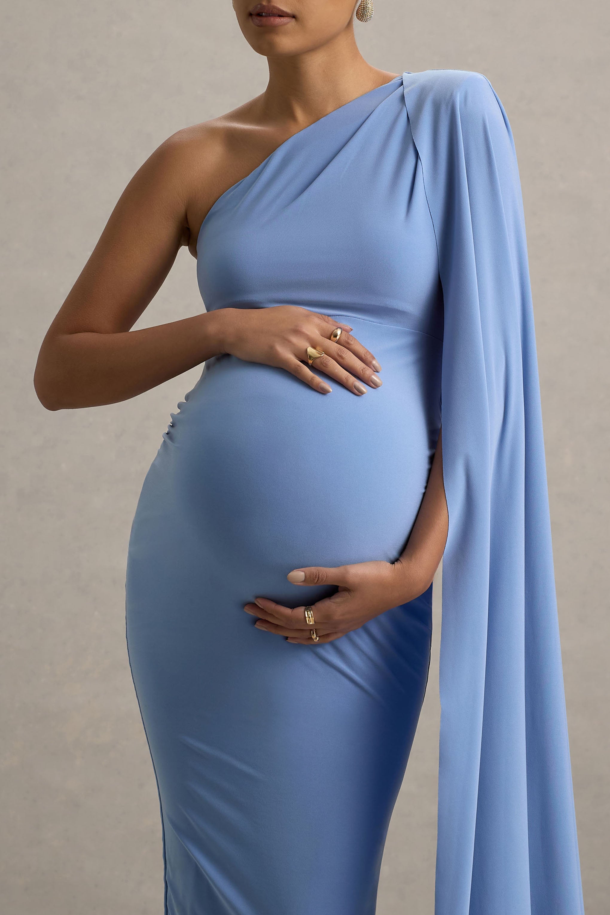 Amaryllis Powder Blue Maternity One Shoulder Maxi Dress with Cape Sleeve – detail shot