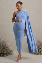 Amaryllis Powder Blue Maternity One Shoulder Maxi Dress with Cape Sleeve – side view